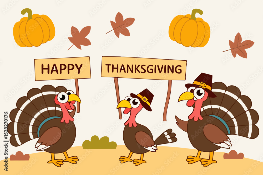 Fototapeta premium Happy thanksgiving turkeys with pumpkins and leaves