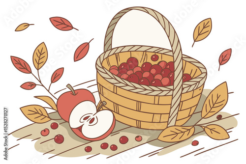 Autumn harvest apples cranberries and fall leaves