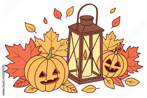 Autumn lantern with jack o lantern pumpkins