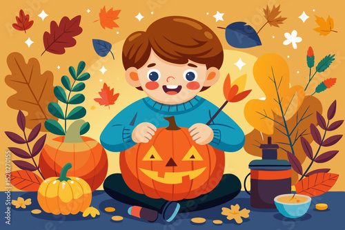 Happy boy carving a jack o lantern for halloween
