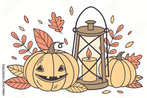 Autumn harvest lantern with jack o lantern pumpkins
