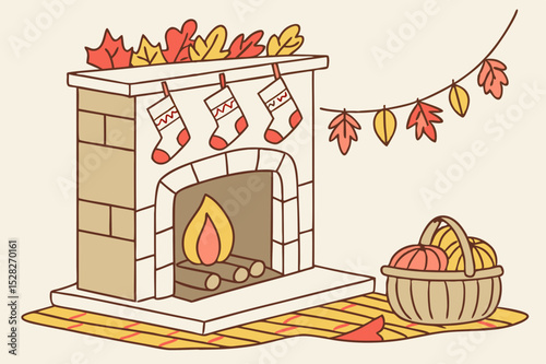 Cozy autumn fireplace with pumpkins and stockings