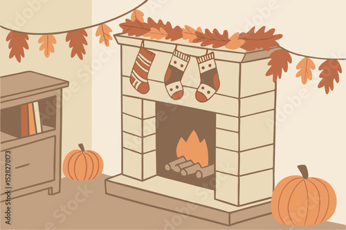 Cozy autumn fireplace with stockings and pumpkins