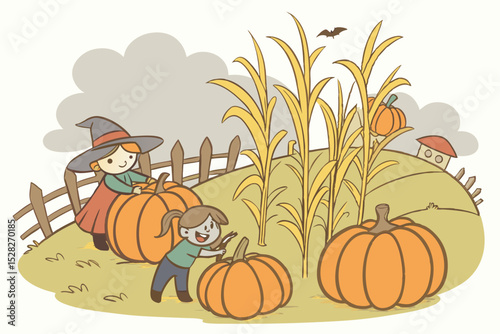 Children harvesting pumpkins in autumn field
