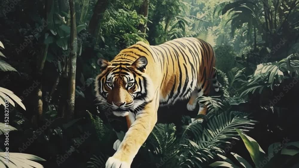 Wild, striped Bengal and Siberian tigers, magnificent big cats, are powerful predators of the jungle and dangerous beautiful mammals of nature, whether in the wild, water, or zoo