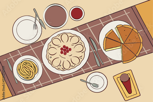 Overhead view of a delicious dessert table setting