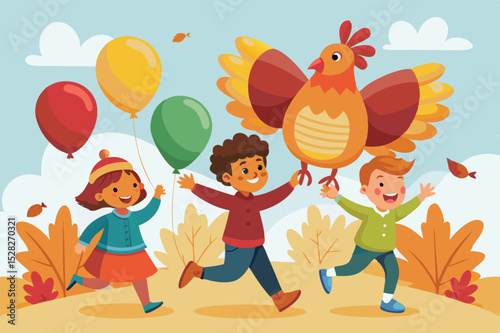 Happy children playing with autumn balloons and turkey kite