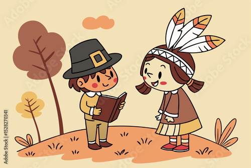 Pilgrim and native american children sharing a book