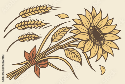 Autumn harvest bouquet sunflower and wheat