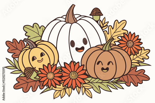 Adorable autumn pumpkins and flowers illustration