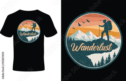 Wanderlust tshirt design with hiker, mountains, and birds silhouette