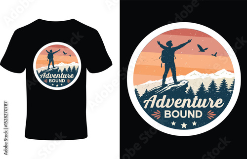 Adventure bound tshirt design with hiker on mountain peak