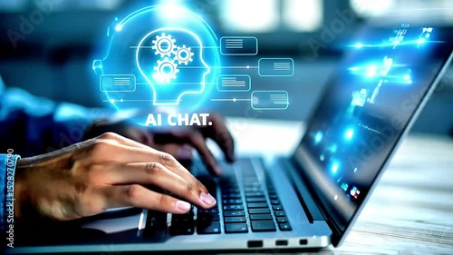 Businessman Using Laptop with Artificial Intelligence Chat Interface Animation, Representing AI-Powered Management, Digital Communication, and Smart Workflow in Modern Business, generative ai