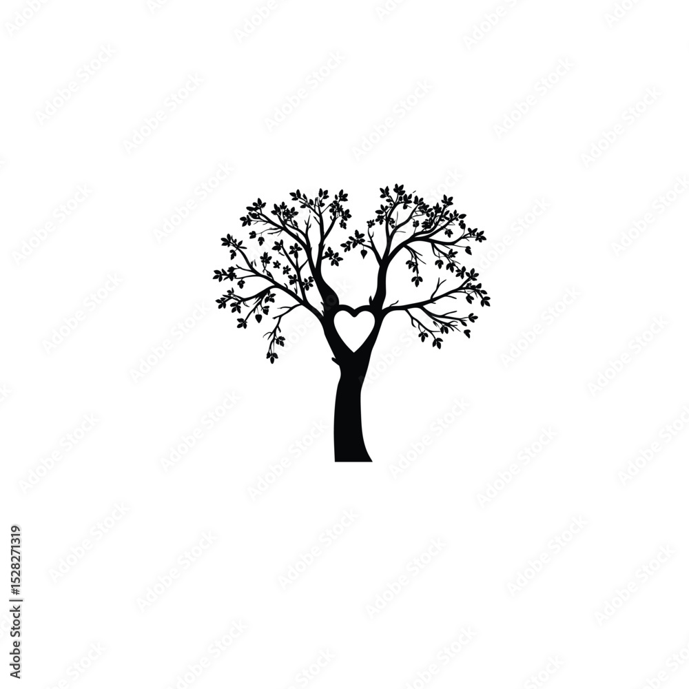 Fototapeta premium A silhouette of a tree with a heart-shaped hollow in its trunk silhouette on white background