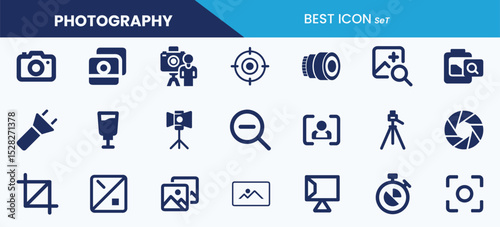 Best photography icon set collection. Camera, object glass, cropping, cameraman, tripod, shutter, flashlight, camera lens, zoom in, zoom out and vector illustration.