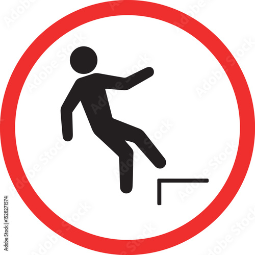 Red Circle Warning Sign with Silhouette of Person Falling Off Edge, Safety Hazard Icon