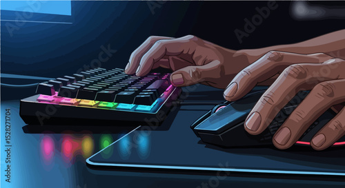 Close-Up Gamer Hands on RGB Mechanical Keyboard