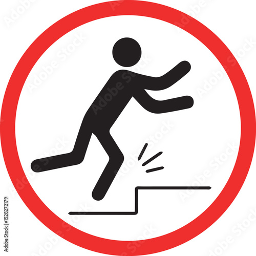 Red Circle Warning Sign with Silhouette of Person Falling Off Step, Safety Hazard Icon