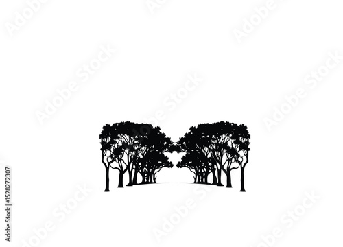A silhouette of a tree-lined path leading to a distant horizon on white background