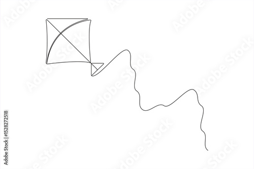 Minimal continuous one line drawing of a flying kite – outline vector illustration for childhood, freedom, and outdoor activity themes.