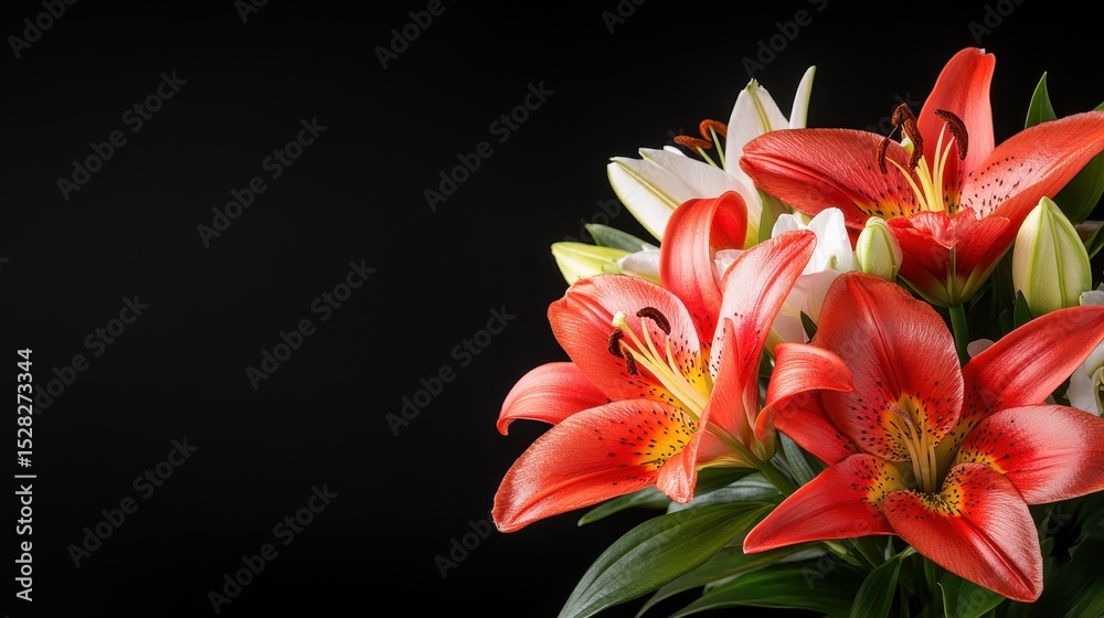 Fototapeta premium This beautiful floral composition features vibrant red lilies arranged elegantly against a dark background, symbolizing love and passion in a visually striking display.