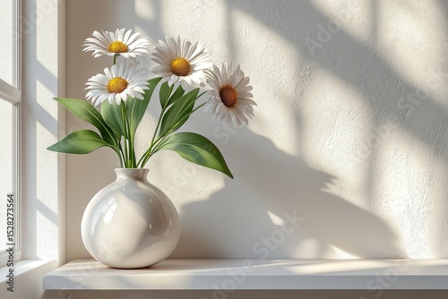 White daisies in a vase by a windowsill, bathed in sunlight.