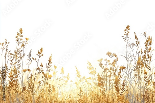 Golden grasses silhouette against a bright white background.