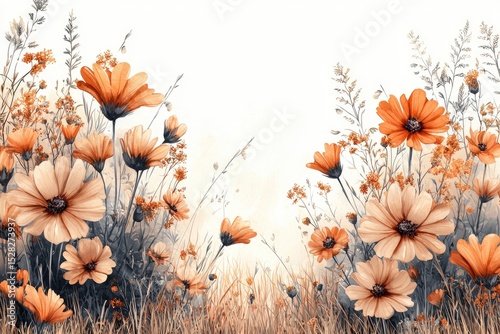 A field of colorful flowers in soft autumnal tones.