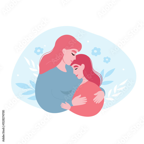 Mother hugs her daughter. Happy family together. Vector flat graphics.