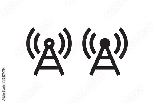 Black wireless signal icons on white background with radio waves and antennas.