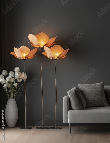 Three flower-shaped lamps in a living room