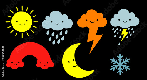 Cheerful weather icons sun moon rainbow clouds rain lightning snowflake cute cartoon design