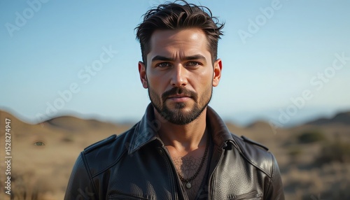 Handsome man in leather jacket desert portrait