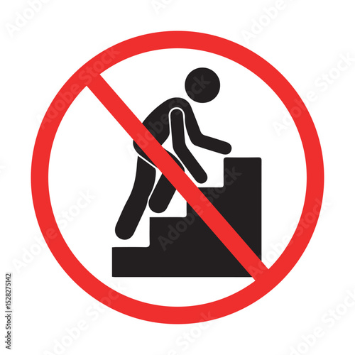 Red Circle Prohibition Sign with Silhouette of Person Climbing Stairs, No Access Warning