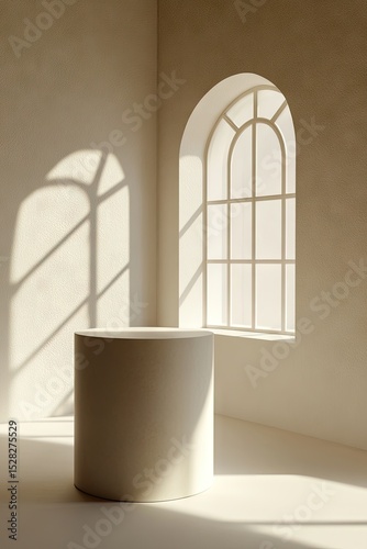 Empty, light beige cylinder display area with natural light.