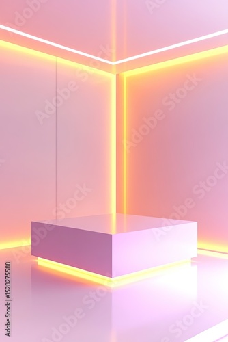 Empty light-pink podium illuminated by glowing lines.