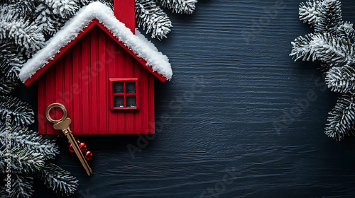 Red Wooden House Model with Key and Snowy Branches on Dark Background - Christmas Real Estate