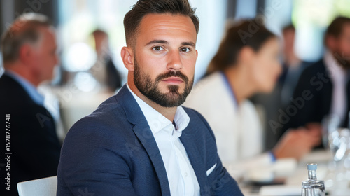 Professional man sitting at business networking event with focus   photo