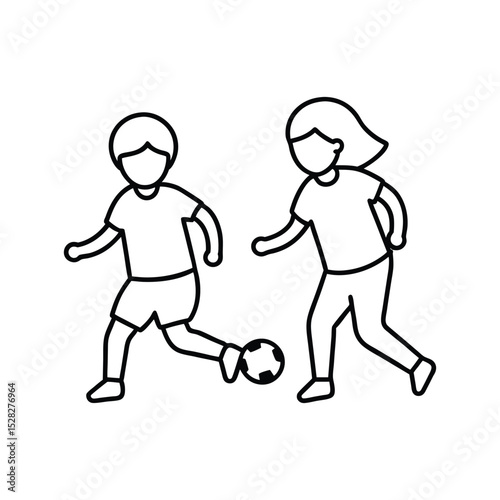 A boy and a girl playing football line art vector illustration