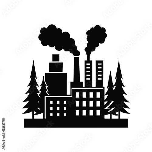 A factory emitting smoke with tree silhouette vector art illustration