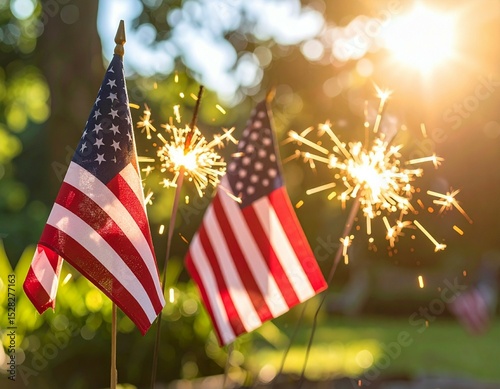 American flags and sparklers celebrate independence day in a festive outdoor setting with bright sunlight