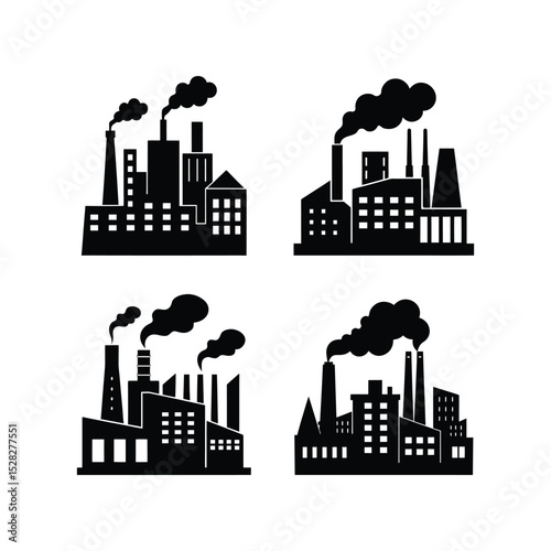 Set of a factory emitting smoke silhouette vector illustration