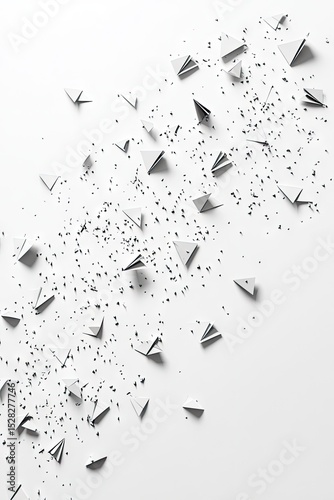 Abstract design of scattered geometric shapes on a white background.