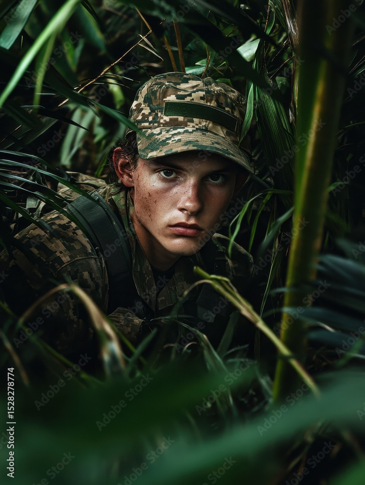 Obraz premium A young soldier in camouflage carefully navigates dense jungle foliage du a covert reconnaissance mission in a tropical rainforest.