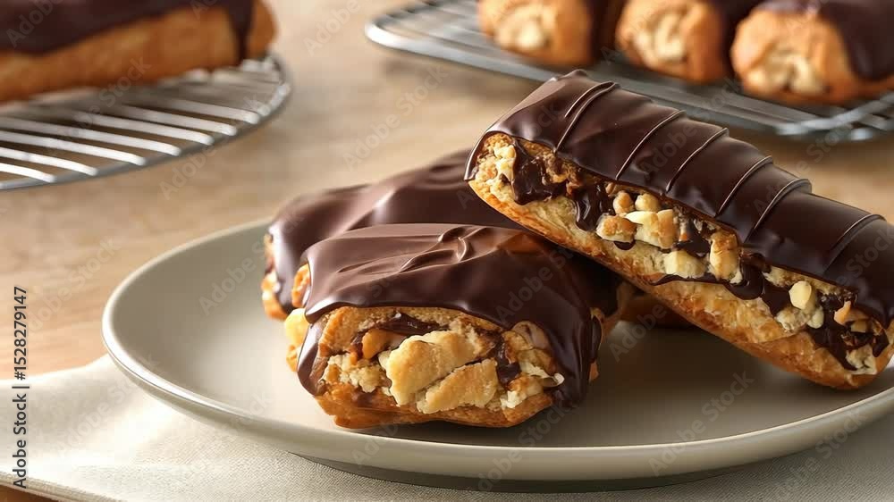 Delicious chocolate-covered pastries topped with crunchy bits are set beautifully on a plate, enticing viewers for a sweet treat
