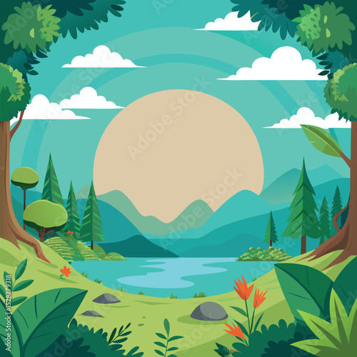 Mountain Forest Landscape with Sunlit Clearing and Lake View
