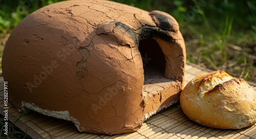 Rustic earthen oven with freshly baked bread