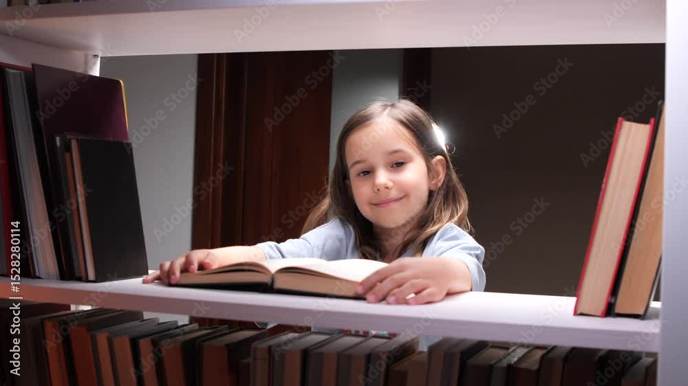 Cute girl reading a book on bookshelf promoting education and literacy