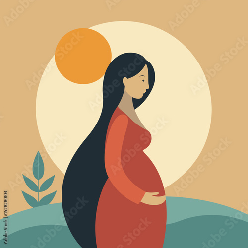 minimalist pregnant woman sunrise silhouette vector
