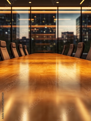 Spacious Conference Table in Modern Boardroom with Blurred Background and Cozy Lighting